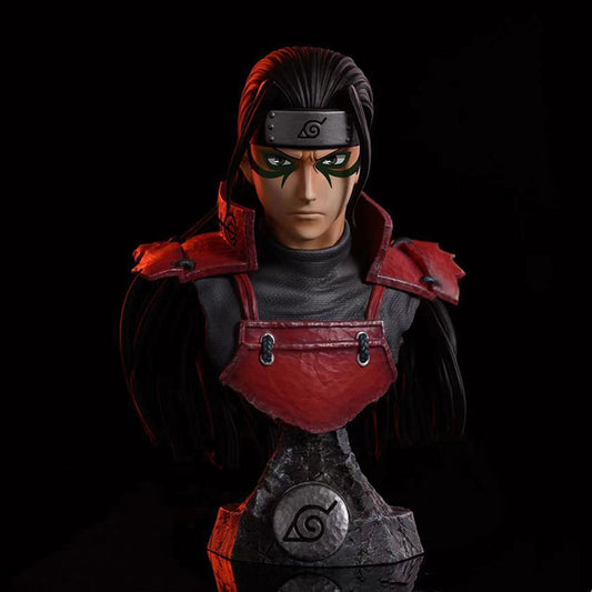 Buste Hashirama Senju 15 cm, armure rouge, longs cheveux noirs, bandeau et socle Konoha