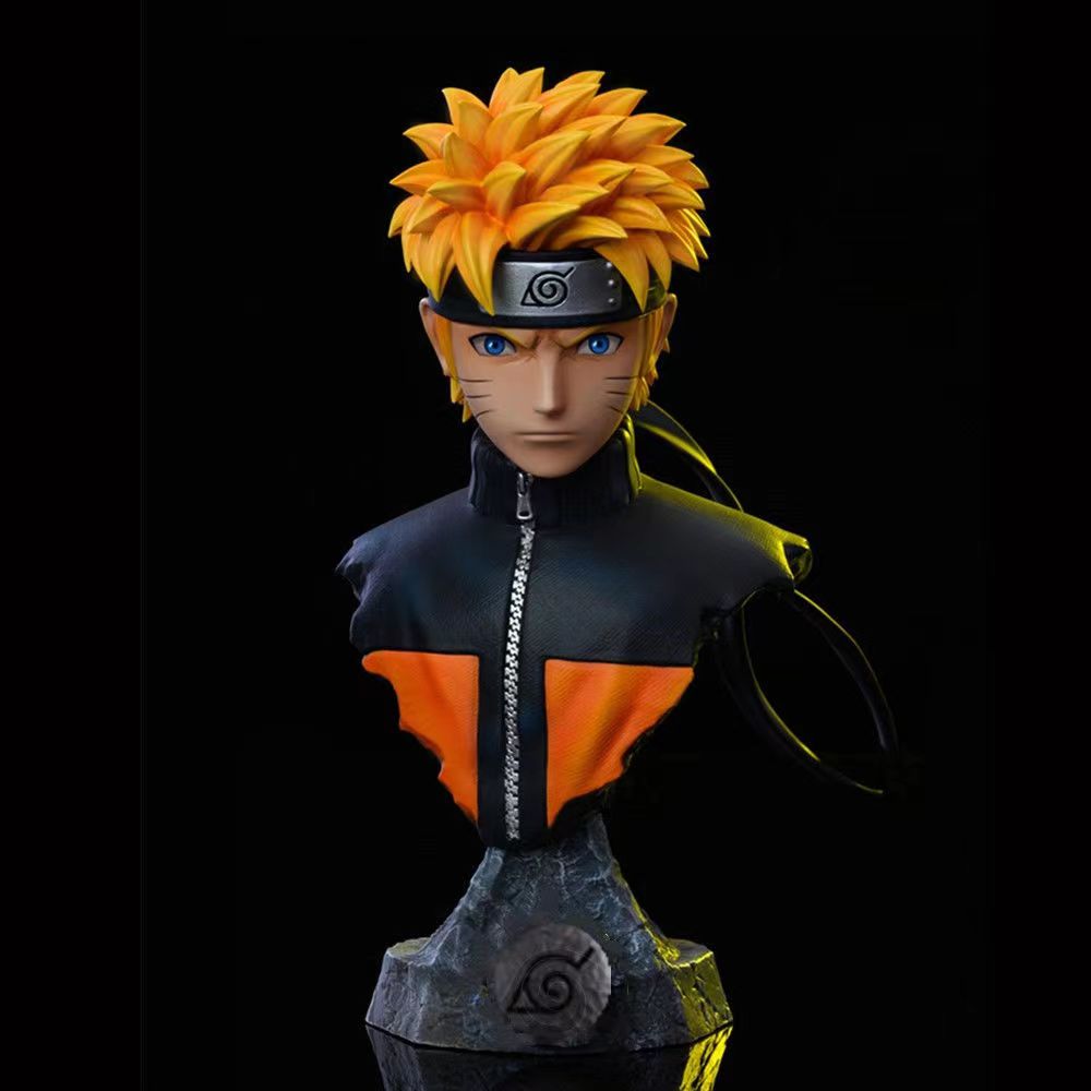 Buste Naruto Uzumaki Shippuden 15 cm, veste noire et orange, bandeau de Konoha