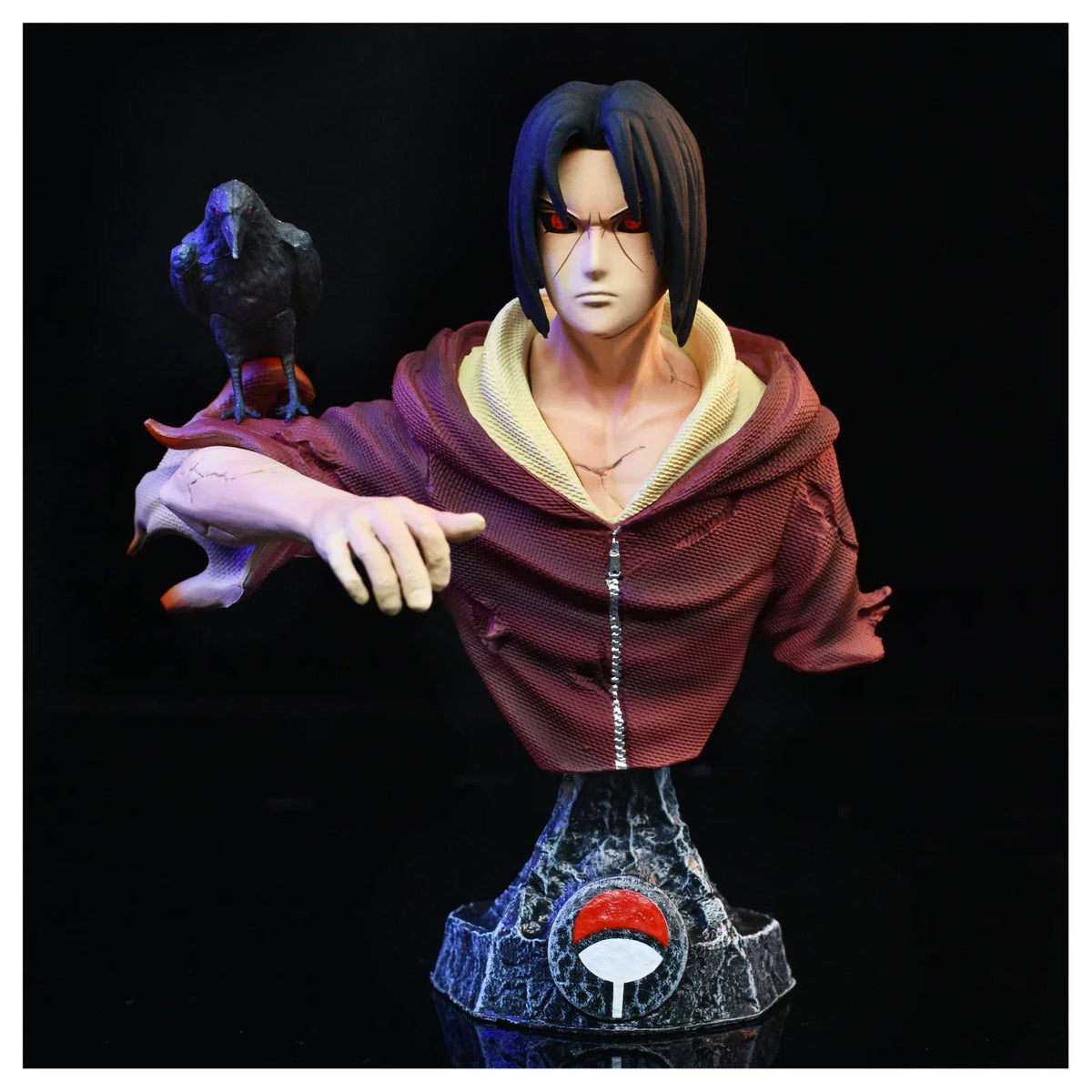 Buste Itachi Uchiha Edo Tensei 15 cm, peau fissurée, corbeau sur l'épaule, robe bordeaux